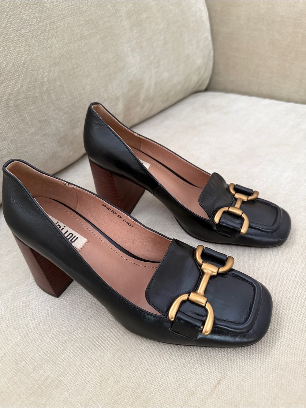 Bibi Lou Zagreb Black Leather Block Heel Loafers with Gold Chain Accent